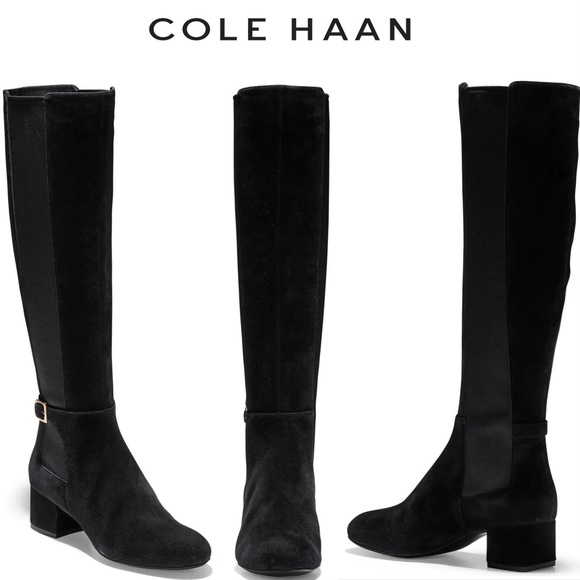 COLE HAAN Avani Stretch Black Suede Leather Over Knee High Heel Riding Boots - Picture 2 of 10